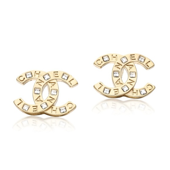 CHANEL Light Gold Metal Strass CC Letter Logo Earrings